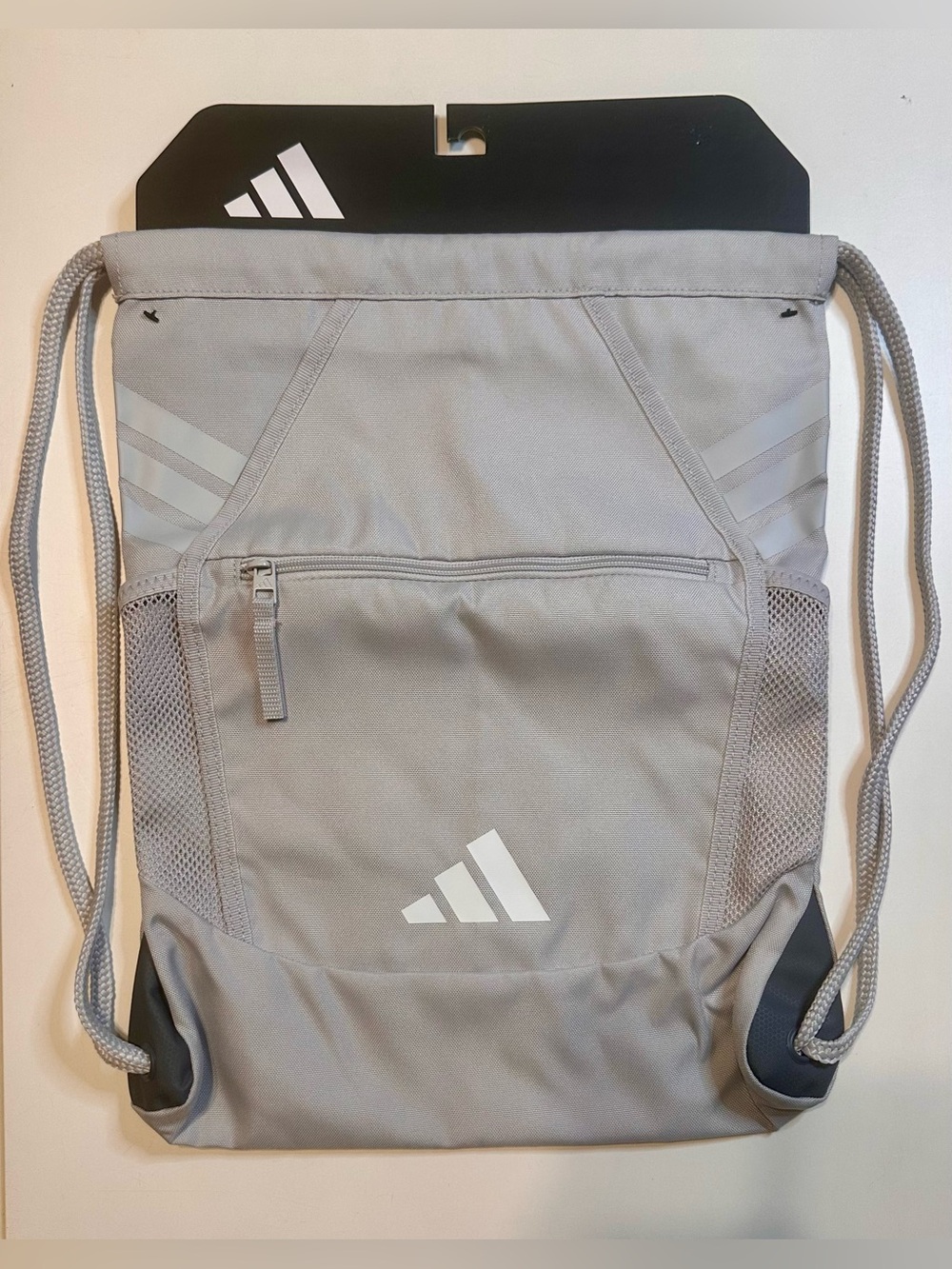 🩶Adidas Gray Drawstring Backpack Water Bottle Holders NWT🤍
